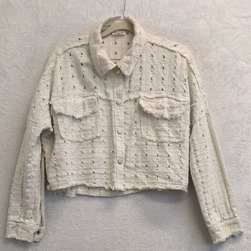 LE LIS Women's‎ White Chic Eyelet Raw Hem Cropped Jacket Size S
